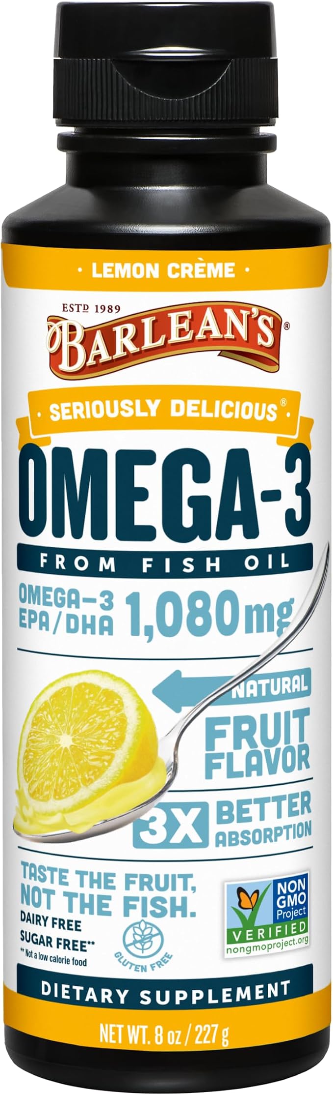Barlean's Omega 3 Fish Oil Liquid Supplement for Men and Women, 1080mg of EPA and DHA Fatty Acid, Promotes Brain & Heart Health - Non-GMO, Lemon Crème, 8 oz