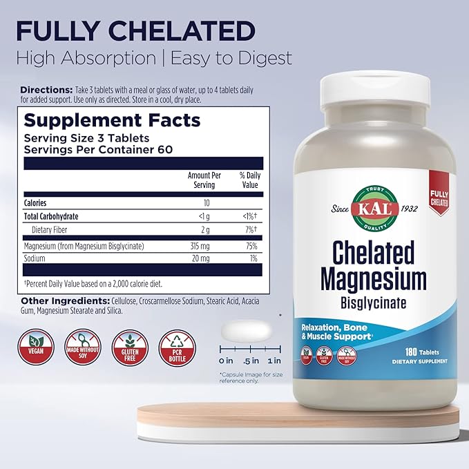 KAL Chelated Magnesium Bisglycinate, Magnesium Supplement for Relaxation, Bone Health, Nerve & Muscle Function Support*, High Absorption, Gentle Digestion, Vegan, Gluten Free, 60 Servings, 180 Tablets