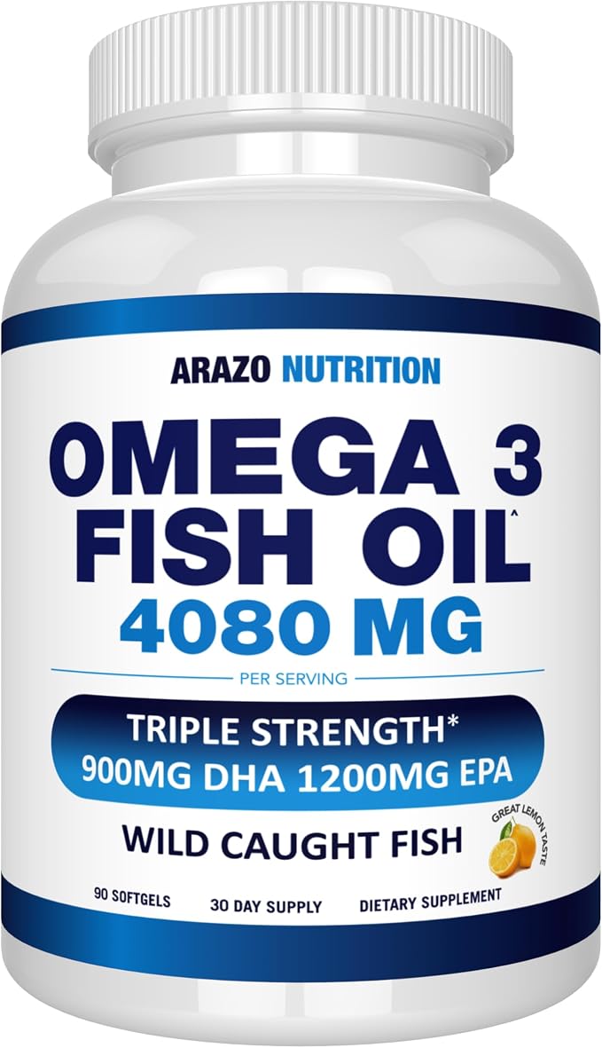 Arazo Nutrition Wild Caught Omega-3 Fish Oil Concentrate – 4,080mg per Serving – High EPA 1200mg & DHA 900mg – 90 Burpless Lemon Softgels
