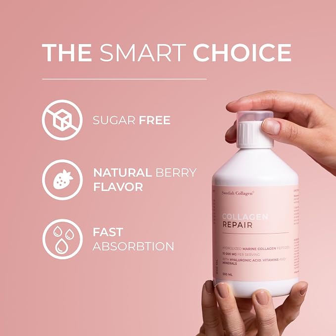 Swedish Collagen Repair | 10,000 mg Hydrolyzed Marine Collagen Liquid Supplement - 500 ml, 20 Day Supply I Hyaluronic Acid, Biotin & Vitamin C for Healthy Hair, Skin, Nails & Joints | Sugar-Free