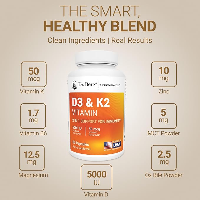 Dr. Berg Maximum Strength 2-in-1 Vitamin D3 K2 5,000 IU | Naturally Derived D3 | 4X Lab-Tested & Verified | High Absorption Formula | K2 D3 Vitamin Supplement - 60 Capsules