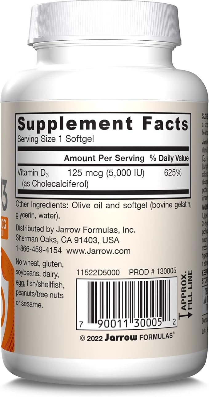 Jarrow Formulas Vitamin D3 125 mcg (5000 IU) - 100 Servings (Softgels) - Bone Health, Immune Support & Calcium Metabolism Support - Vitamin D Supplement - D3 Vitamins - 5000 IU Vitamin D - Gluten Free