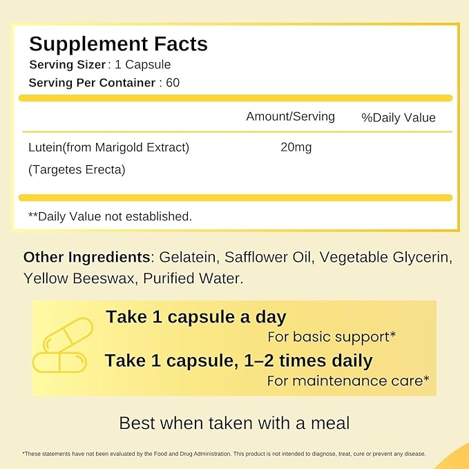 Lutein 20 mg Eye Care Supplement - Vision Support, Macular Wellness & Antioxidant Activity - Non-GMO & Gluten Free - 60 Vegan Capsules - 1 Capsule per Day, 2 Month Supply