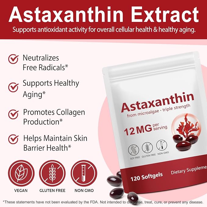 Astaxanthin Supplements, Supports Eye, Joint, Internal Circulation, Skin Health, Astaxanthina Antioxidant Supplements (1Bag120P)