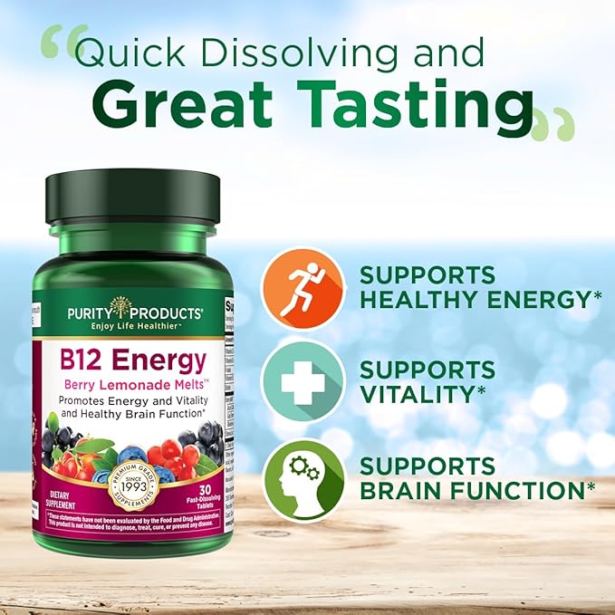 Purity Products B-12 Energy Berry Lemonade Melt w/Super Fruits Methylcobalamin B12 - Vitamins B6, D3, Folic Acid and Biotin - High Absorption MecobalActive B 12-30 Melting Tablets