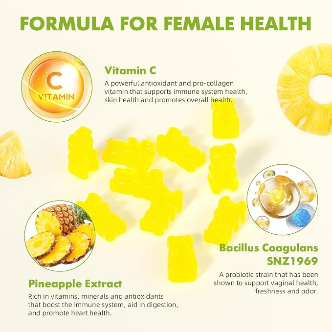 softbear Premium Feminine Balance Gummies for Women, Pineapple PH Balance Gummies for Women's Healthy Odor, Flora, Vaginal, Immune Support, Vegan, Gluten-Free, 60 Gummies