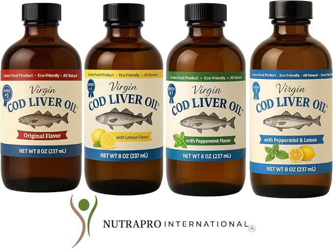 Virgin Cod Liver Oil - 8 Fl oz Natural, Sustainably sourced, Wild Caught & Fresh Tasting. High in Vitamin D, Omega 3 DHA/EPA (Lemon and Peppermint Flavored)
