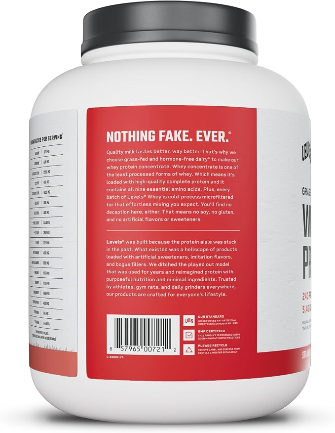 Levels Grass Fed Whey Protein Powder, No Artificials, 24G of Protein, Strawberry, 5LB | 24G of protein and 5.4G BCAAs per scoop, made with hormone-free dairy, zero junk, no fillers, no added sugar, certified clean