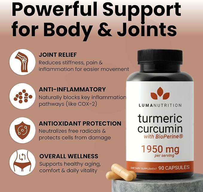 Luma Nutrition Turmeric Curcumin with Black Pepper - 95% Curcuminoids - 1950mg Per Serving - Premium Turmeric Supplement - with BioPerine for Max Absorption - Made in USA - 90 Capsules