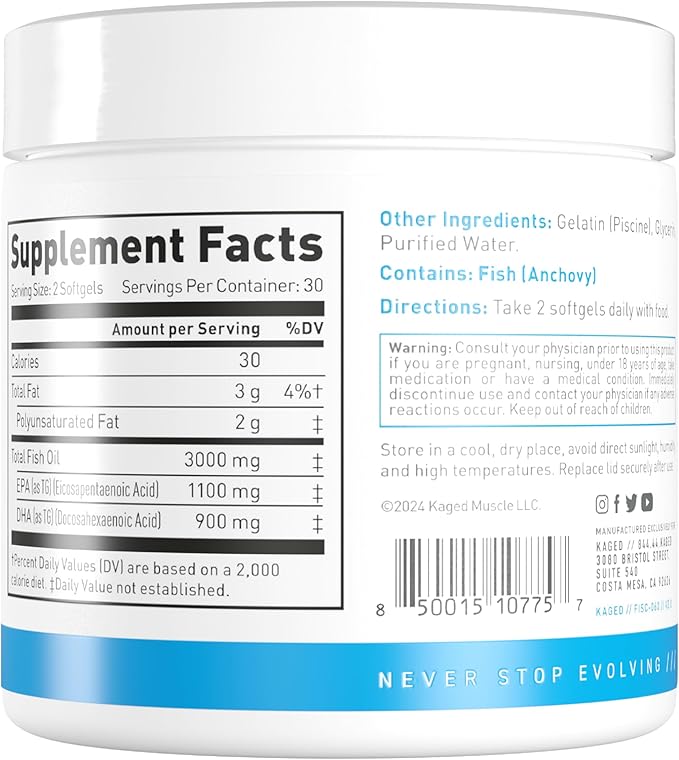 Kaged Omega 3 Softgels | Unflavored | Fish Oil Supplement | 3000mg Omega 3 Fatty Acid with EPA & DHA | Ultra-Pure, No Fish Burps | Supplements for Men & Women | 30 Servings