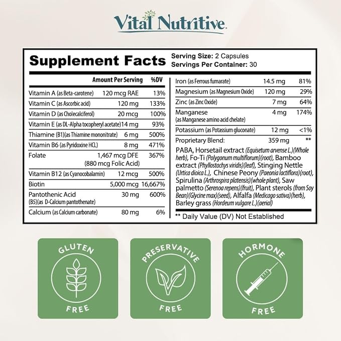 VITAL NUTRITIVE Vital Hair Complex -Hair Growth Vitamins for Women and Men -Biotin & Vitamin B -Hair Growth Supplement for Healthy Hair Skin & Nails -Hormone & Gluten Free -Hair Vitamins for Women