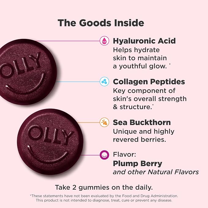 OLLY Glowing Skin Gummy, Hydrated & Youthful Skin,* Hyaluronic Acid, Collagen Peptides, Sea Buckthorn, Plump Berry Flavor, 25 Day Supply - 50 Count (Pack of 2)