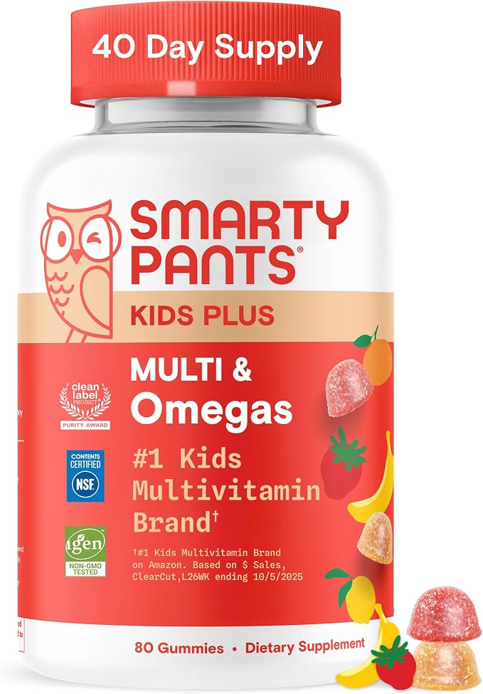 SmartyPants Kids Multivitamin Gummies, Omega 3 (DHA/EPA), Vitamins D3, C, B12, B6, Vitamin A, K & Zinc, Gluten Free, Three Fruit Flavors, 80 Count (40 Day Supply)