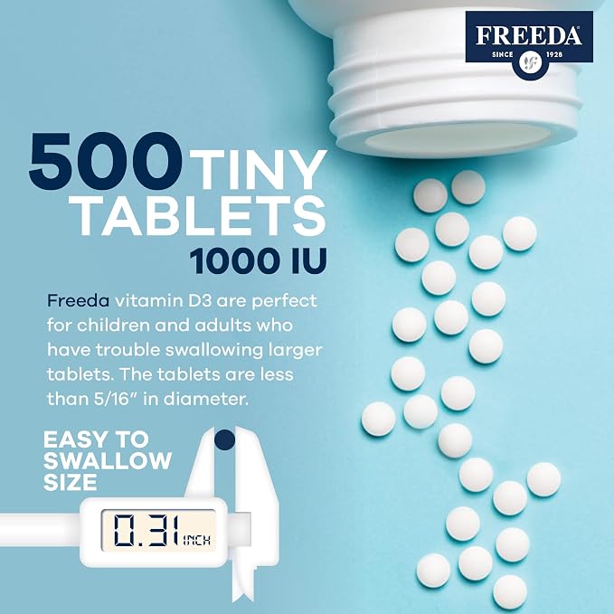 FREEDA Pure Vitamin D3 1000 IU – Daily Maintenance Dose – Bone Health, Joint, Muscle & Immune Support – Vit D3 Vitamin D Supplement for Women & Men – 25 mcg 1,000 IU Easy-to-Swallow (500 Tiny Tablets)