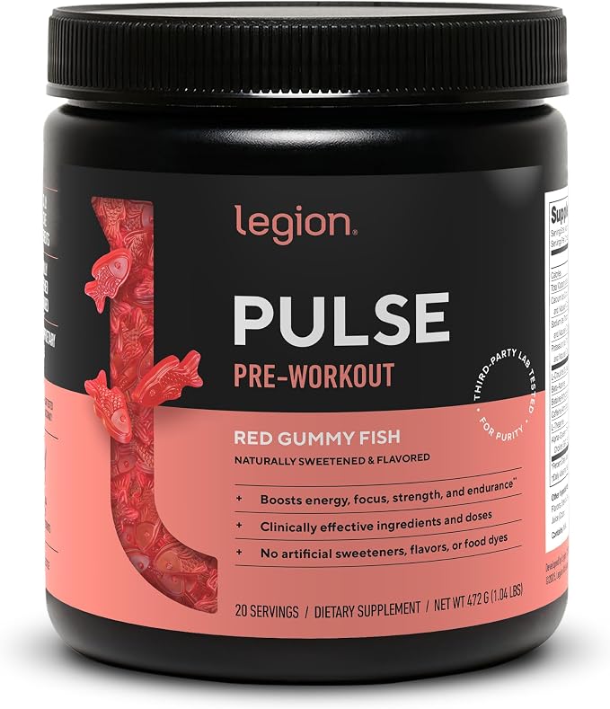 LEGION Pulse - All Natural Nitric Oxide Preworkout Drink to Boost Energy, Creatine Free, Naturally Sweetened, Beta Alanine, Citrulline, Alpha GPC (Red Gummy Fish)