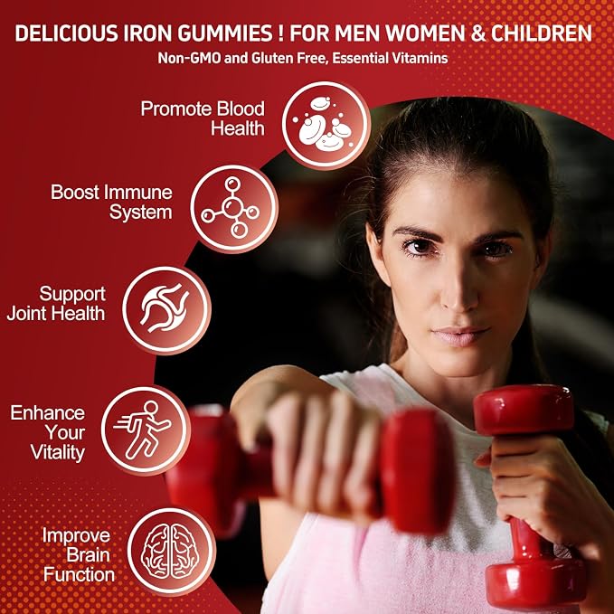 ZHPHK Iron Gummies Supplement for Women, Men & Kids, Iron 65mg with 250mg Vitamin C B6 B12 Folate Healthy Blood, Energy & Immune Support Gentle on Stomach Ferrous Fumarate, 120 Count
