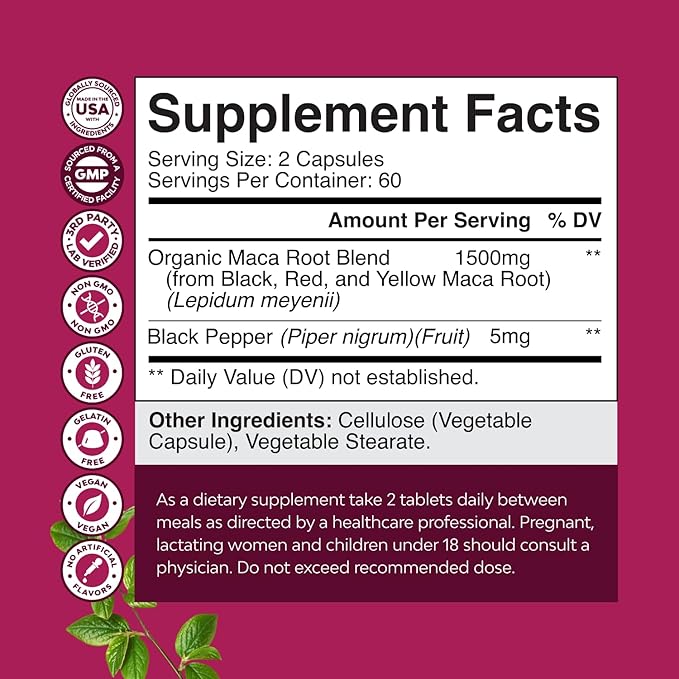 Maca Root Capsules for Women - Potent Herbal Supplement with Female Enhancing Blend of Red Yellow & Black Maca Root - Non-GMO Certified Vegan and Gluten-Free with No Artificial Colors - 120 Count