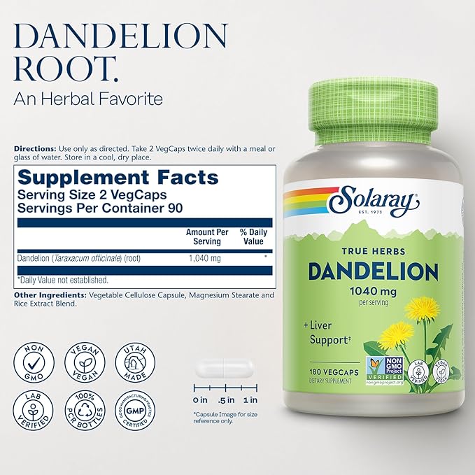 SOLARAY Dandelion Root Supplement - Healthy Kidney and Liver Support - 1,040 mg per Serving - Vegan, Lab Verified, 60-Day Guarantee - 90 Servings, 180 VegCaps
