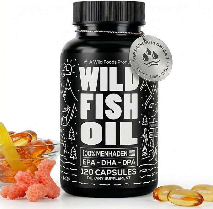 Wild Foods Omega 3 Fish Oil Supplement, 120 Capsules (1 pk) | Wild Caught, Burpless, Odorless, Non-GMO, Gluten Free | DPA, DHA, EPA Triple Strength Heart & Joint Nutrition for Women & Men