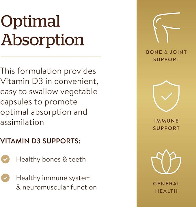 Solgar Vitamin D3 (Cholecalciferol) 125 Mcg (5000 IU), 120 Vegetable Capsules - Helps Maintain Healthy Bones & Teeth - Immune System Support - Non-GMO, Gluten Free, Dairy Free, Kosher - 120 Servings