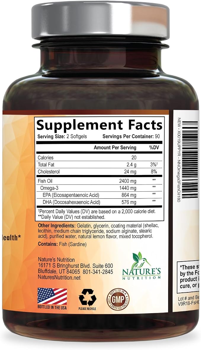 Omega 3 Fish Oil Supplements - 2400mg Fish Oil Per Serving - Triple Strength Omega-3 with EPA & DHA Fatty Acids - Natural Heart, Brain & Immune Support - Wild Caught, Bottled in USA - 180 Softgels