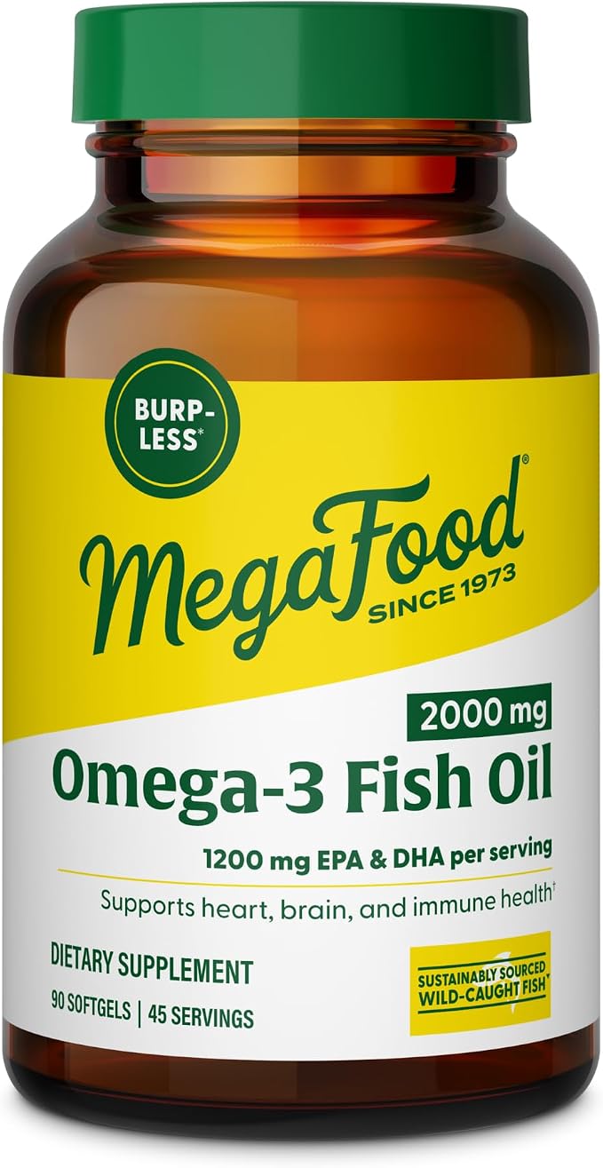 MegaFood 2000mg Fish Oil Omega 3 Supplements - Burp-Less & Lemon Oil Infused - Heart, Brain, Eye, Joint & Immune Support Supplement - 1200mg EPA & DHA Per Serving - 90 Softgels, 45 Servings