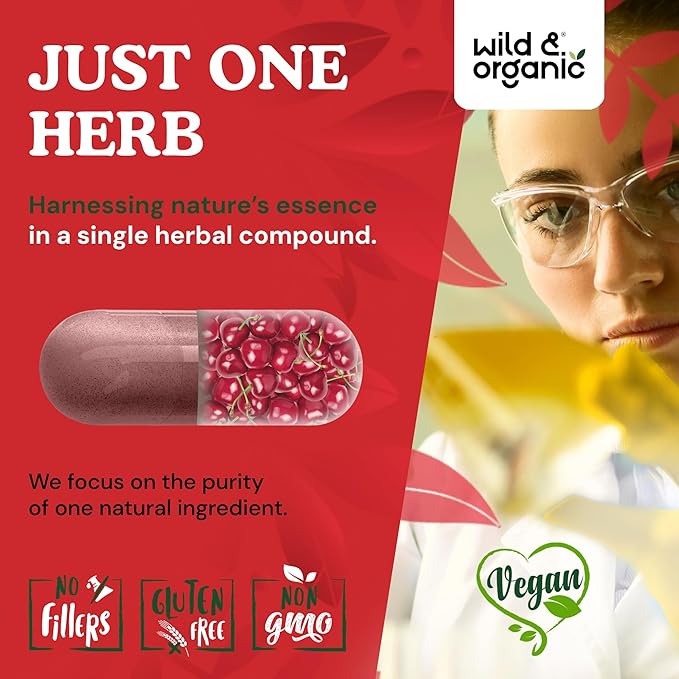 Wild & Organic Tart Cherry Capsules 600 mg - Uric Acid Support - Tart Cherry Powder Supplement - Prunus Cerasus Fruit Extract - 120 Days of Supply - Vegan, No Fillers, Non-GMO - 120 Count