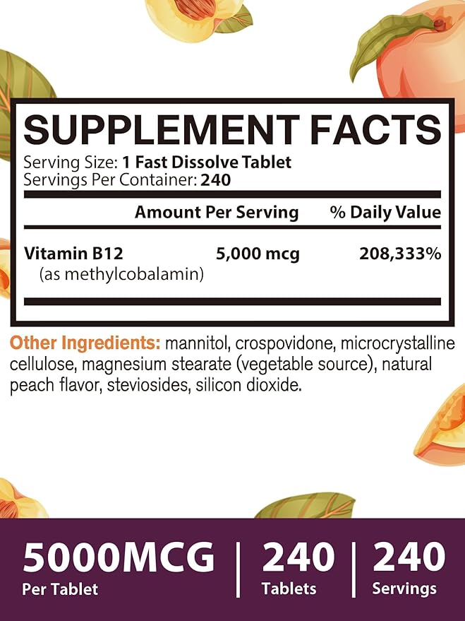 Vitamin B12 Sublingual, Methylcobalamin 5000mcg for Energy Production, Energy, Nerve & Cell Support, Natural Peach Flavor, Vegan, Zero Sugar, 240 Fast Dissolve Tablets