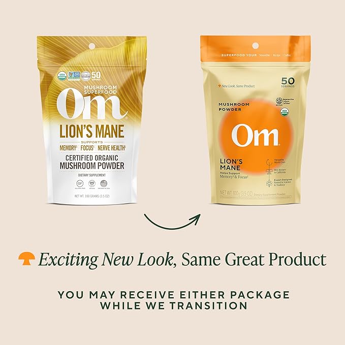 Om Lion’s Mane Mushroom Powder - Organic Mushroom Supplement and Nootropic - Support Memory, Focus and Nerve Health, 3.5 oz (50 Servings)