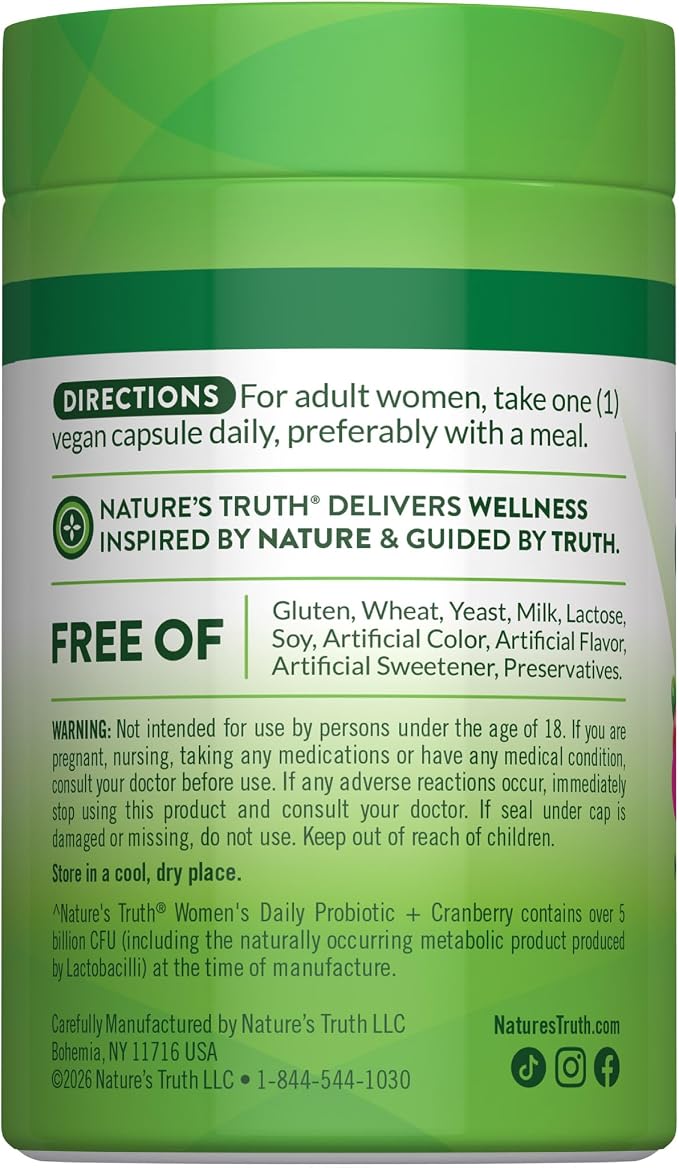 Nature's Truth Probiotics for Women | 5 Billion CFUs Daily | 40 Vegan Capsules | with Cranberry | Non-GMO & Gluten Free | No Refrigeration Needed