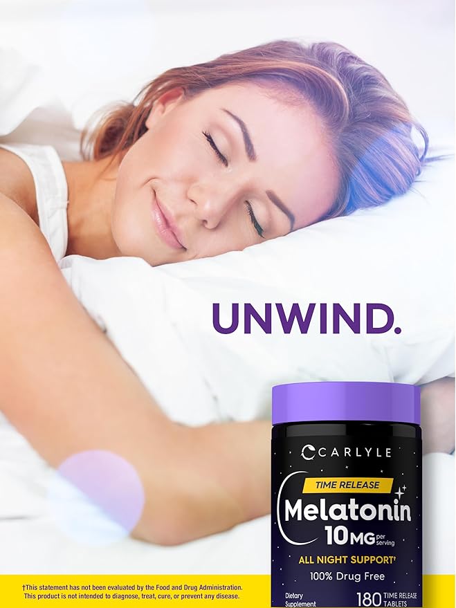 Carlyle Melatonin 10mg | 180 Time Release Tablets | All Night Support | with Vitamin B6 | 100% Drug Free Supplement | Vegan, Non-GMO, Gluten Free