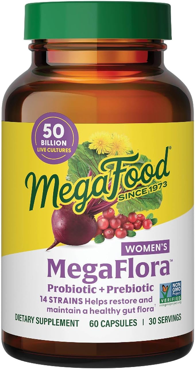 MegaFood MegaFlora Probiotics and Prebiotics for Women with 14 Strains & 50 Billion CFUs, Cranberry, Digestive Health, Vegetarian, Prebiotics and Probiotics for Women - 60 Capsules (30 Servings)