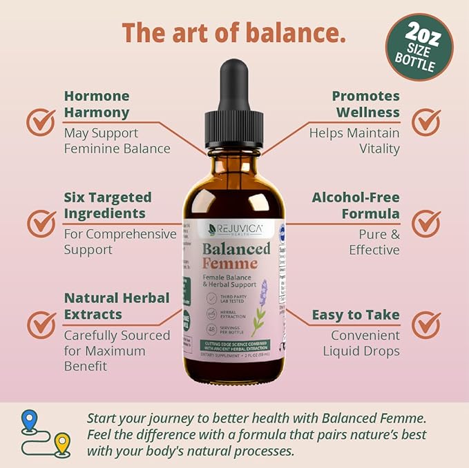 Rejuvica Health Balanced Femme - Advanced Female Balance Support Supplement - Liquid Delivery for Better Absorption - Vitex, Dong Quai, Black Cohosh, Maca Wild Yam & More!