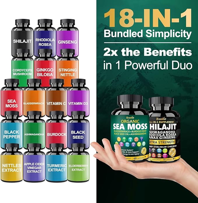 Sea Moss & Shilajit Capsules for Energy Boost - Irish Sea Moss with Black Seed Oil, Ashwagandha, Bladderwrack & Burdock Root - Himalayan Shilajit Complex with Rhodiola, Ginseng & Cordyceps - 2 Pack