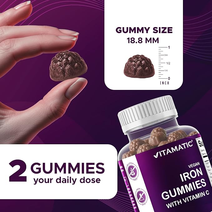 Vitamatic Iron 65 mg Gummies Supplement for Women & Men - 60 Vegan Gummies - Great Tasting Iron Gummy Vitamins with Vitamin C (2)