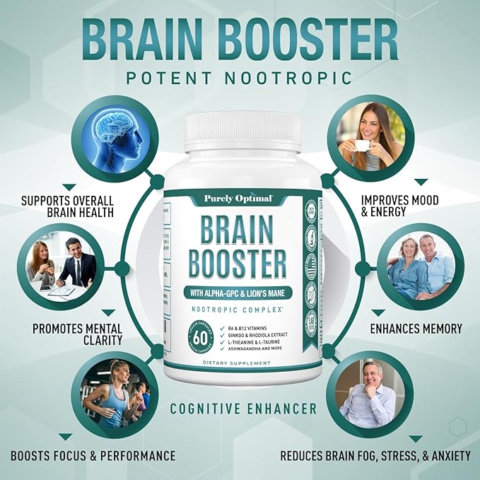 Purely Optimal Brain Booster Nootropic Supplement – Brain Support for Memory, Focus, Clarity, Jitter-Free Energy for Adults, Seniors– with Ginkgo Biloba, Alpha GPC, Lion’s Mane – 60 Capsules