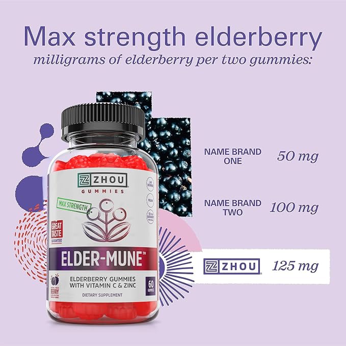Zhou Elder-Mune Elderberry Gummies with Vitamin C and Zinc - Daily Immune Support Supplement for Women & Men, Chewable Natural Black Elderberry for Adults & Children 4 & Up - 60 Gummies