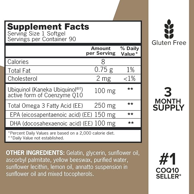Qunol Plus Ubiquinol CoQ10 100mg with Omega 3 Fish Oil 250mg, Extra Strength Antioxidant Supplement, 90 Count