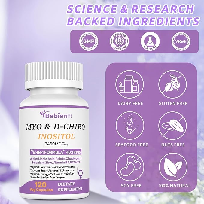 13-in-1 Myo Inositol & D-Chiro Inositol for Women PCOS,Hormonal Balance,2460mg-40:1 Ratio,Ovarian Health&Cycle Support Supplement Plus Alpha Lipoic Acid/Folate/Vitex/Magnesium/Multivitamin,120 Veg Cap