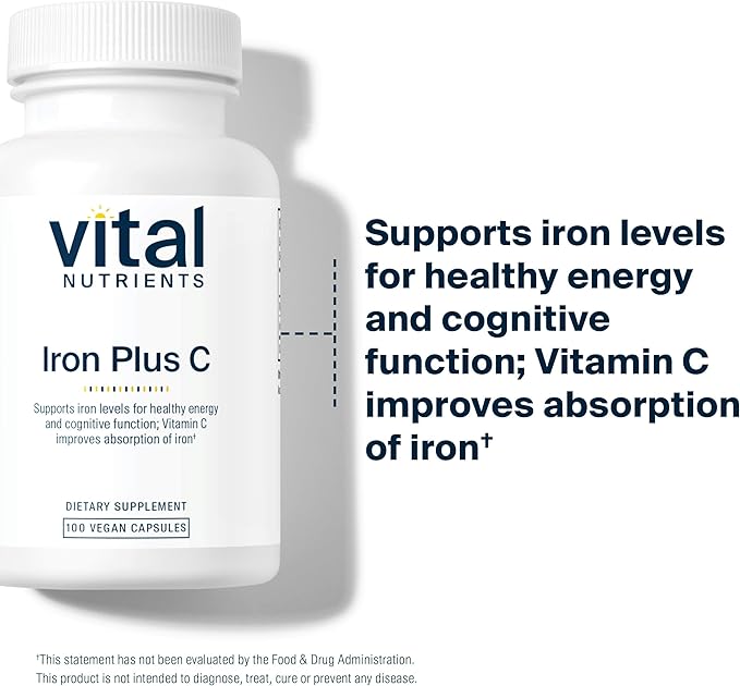 Vital Nutrients Iron Plus C - Vegan Iron Supplement - 20mg Fe with 200mg Vitamin C to Increase Fe and Energy Levels - Gluten, Dairy, Soy Free - Non-GMO - 100 Capsules