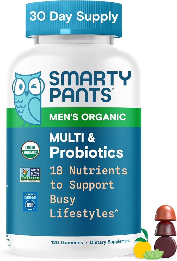 SmartyPants Multivitamin for Men, Organic Gummies: Probiotics, CoQ10, Methylfolate, Omega 3 (ALA), Vitamin D3, C, Vitamin B12, B6, A, K & Zinc for Immune Support, Biotin, 120 Gummies (30 Day Supply)