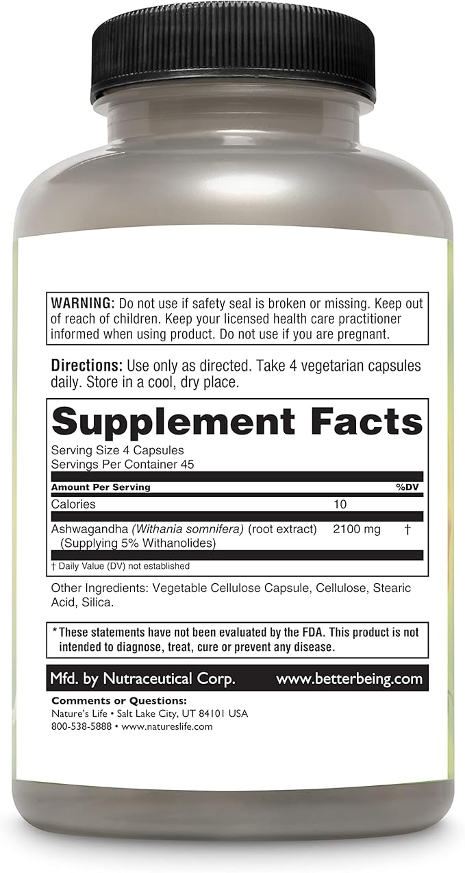 Nature's Life Ashwagandha Capsules 2,100 mg, Pure Ashwagandha Root Extract for Relaxation, Occasional Stress Relief, and Sleep Support, Vegan Ashwagandha Supplements, 45 Servings, 180 Capsules