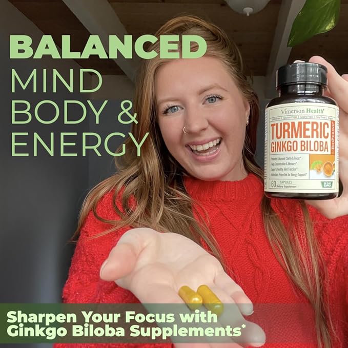 Ginkgo Biloba and Turmeric Curcumin Supplement w/Black Pepper & Organic Tumeric – Natural Turmeric Supplement for Focus, Memory, Joint & Brain Health – Vegan Ginko Biloba Capsules w/Curcuma – 2 Pack
