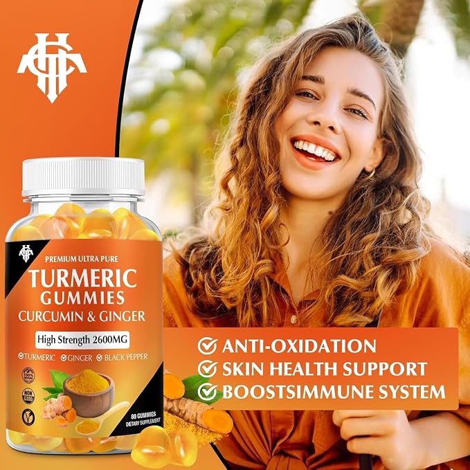 Turmeric Curcumin Gummies (6 Pack) - Turmeric Curcumin Supplements with Ginger & Black Pepper Gummies for Immune Muscle Support Healthy Skin - Vegan, Gluten Free, Low Sugar - for Adults