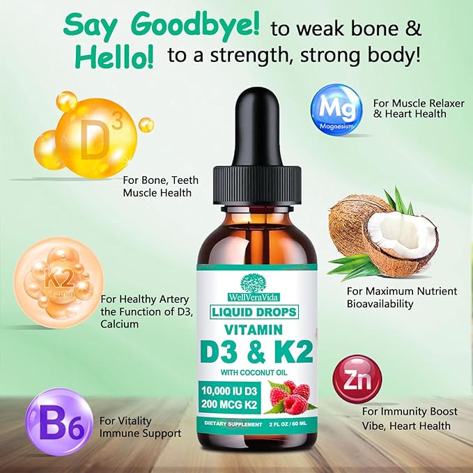 D3 K2 Vitamin 10000iu, Liquid Drop Vitamin D3 With K2 (MK-7)200mcg Coconut Oil, 6X Stronger Than D3 K2 Sofegels, Magnesium Zinc for Absorption -K2 D3 Vitamin Supplement for Joint Teeth & Bone Health