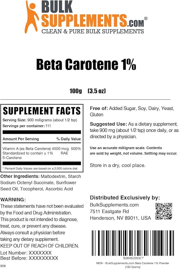 BulkSupplements.com Beta Carotene Powder - Beta Carotene Supplement, Vitamin A Supplement for Immune and Vision Support - Gluten Free, 900mg per Serving, 100g (3.5 oz) (Pack of 1)