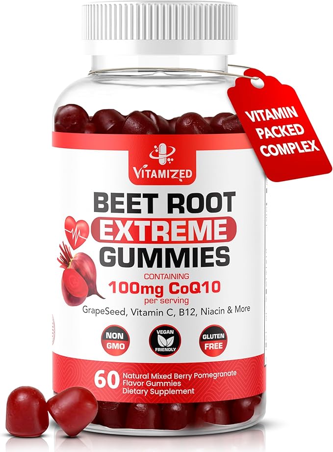 Extreme Beetroot Formula & COQ10 100mg with Grape Seed Extract, for Circulation Energy & Flow, Beet Root Gummies Extract Gluten Free 60
