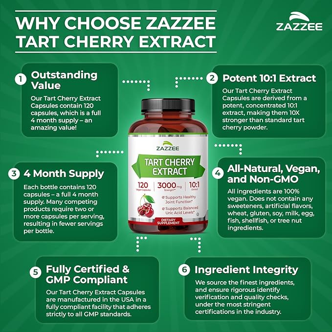 Zazzee Tart Cherry 10:1 Extract, 120 Vegan Capsules, 4 Month Supply, Montmorency Cherry, Certified Kosher, Joint & Uric Acid Support, Antioxidant Support Formula, Non-GMO, Made in the USA