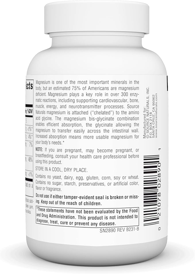 Source Naturals Magnesium Glycinate, Chelated for high Absorption | for Calm Energy, Bone & Heart Support*, 200 mg per Serving - 60 Tablets