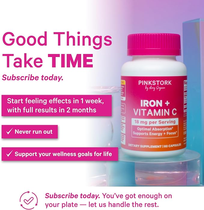 Pink Stork Iron for Women, 18 mg Non-Constipating Iron Bisglycinate + Vitamin C for Optimal Absorption, Energy, Focus & Oxygen Support, PMS, Pregnancy, Postpartum & Perimenopause, 60 Capsules